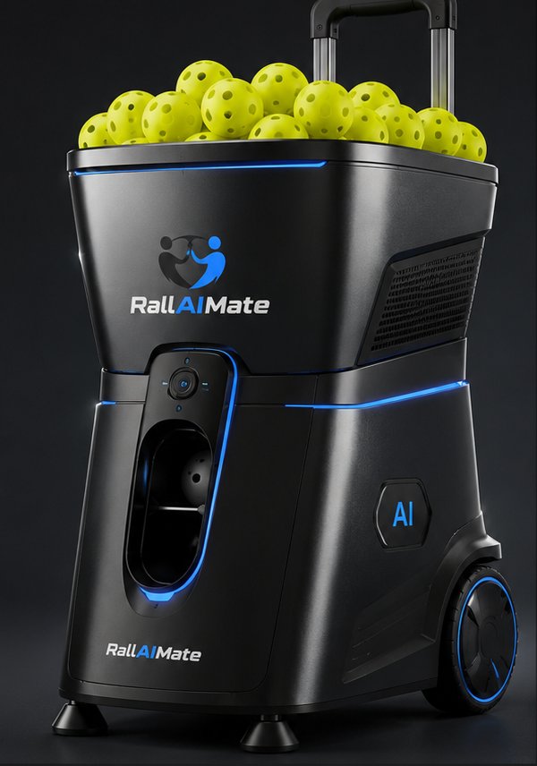 RallAIMate machine concept render — dark tower machine with blue LED accents and a hopper of pickleballs